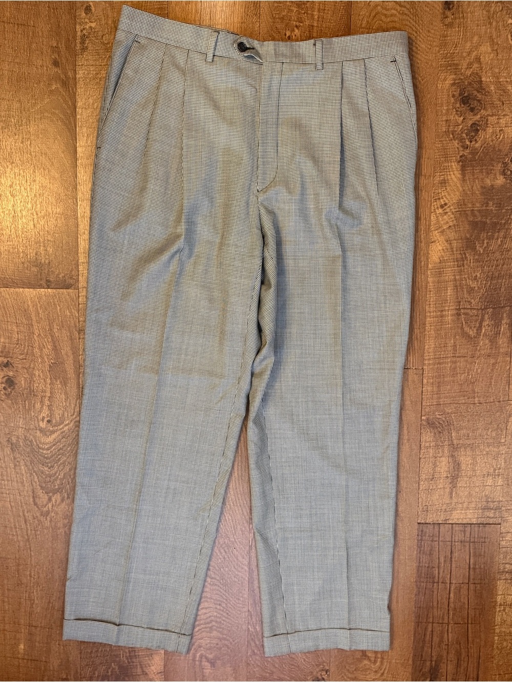 Santorelli Luxury Serge Wool Dress Pants Gray Houndstooth Pleated 38x31 Italy